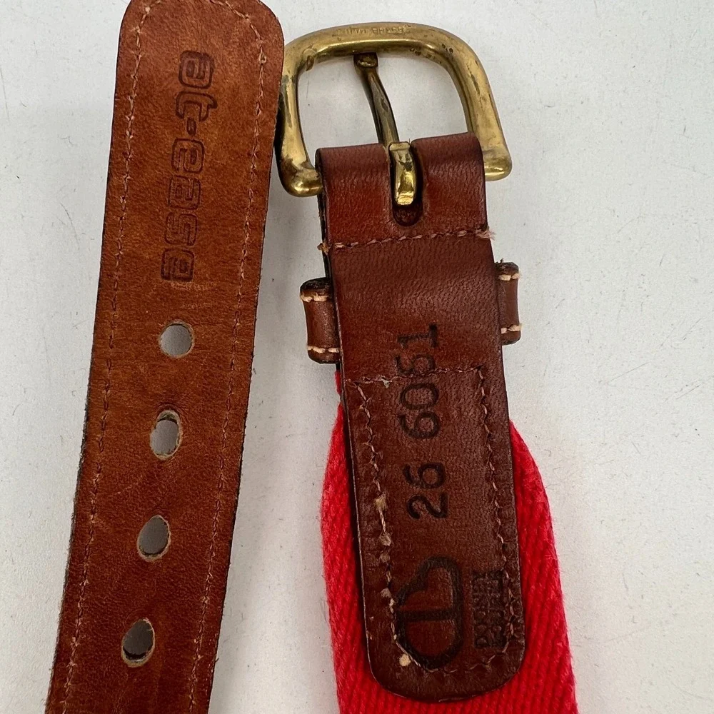 Vtg Dooney &‎ Bourke At Ease Belt Womens 26 Red Canvas Brown Leather Solid Brass